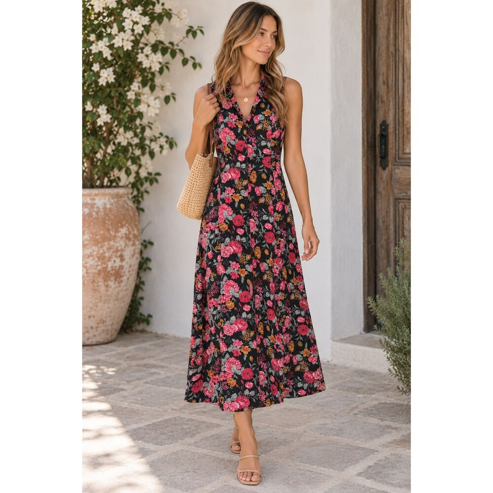 VTG Bonnie Evans Floral Midi Dress Black Pink Button Front 90s Cottagecore